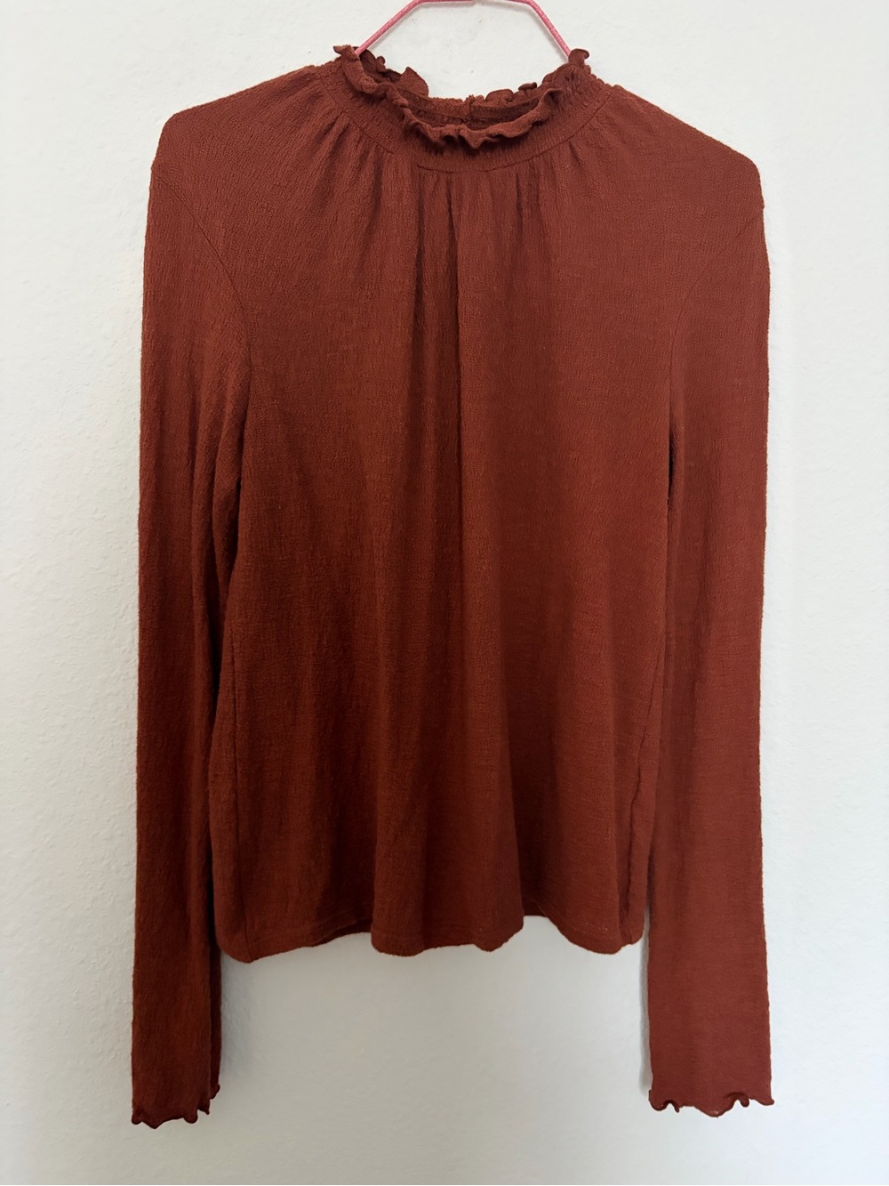 Madewell Rust Orange Brown Ruffle Mock Neck Long Sleeve Top